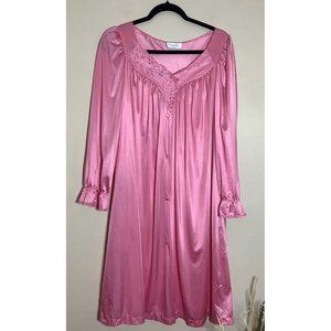 Vanity Fair Large Robe Pink Long Sleeve Satin Embroidered Button Down